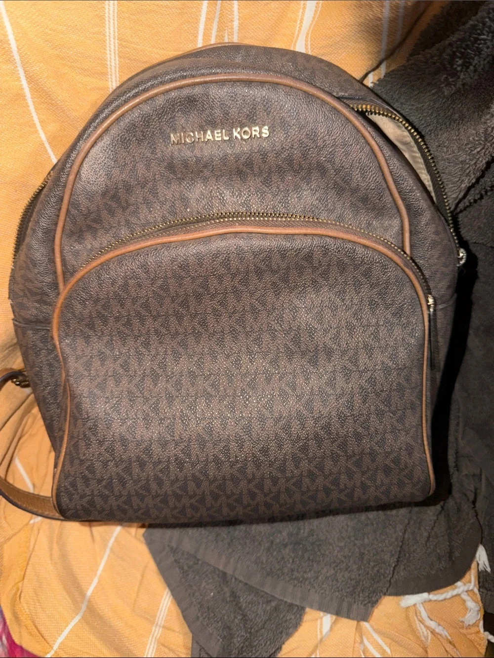 Michael Kors Brown MK Monogram Backpack with Gold Hardware